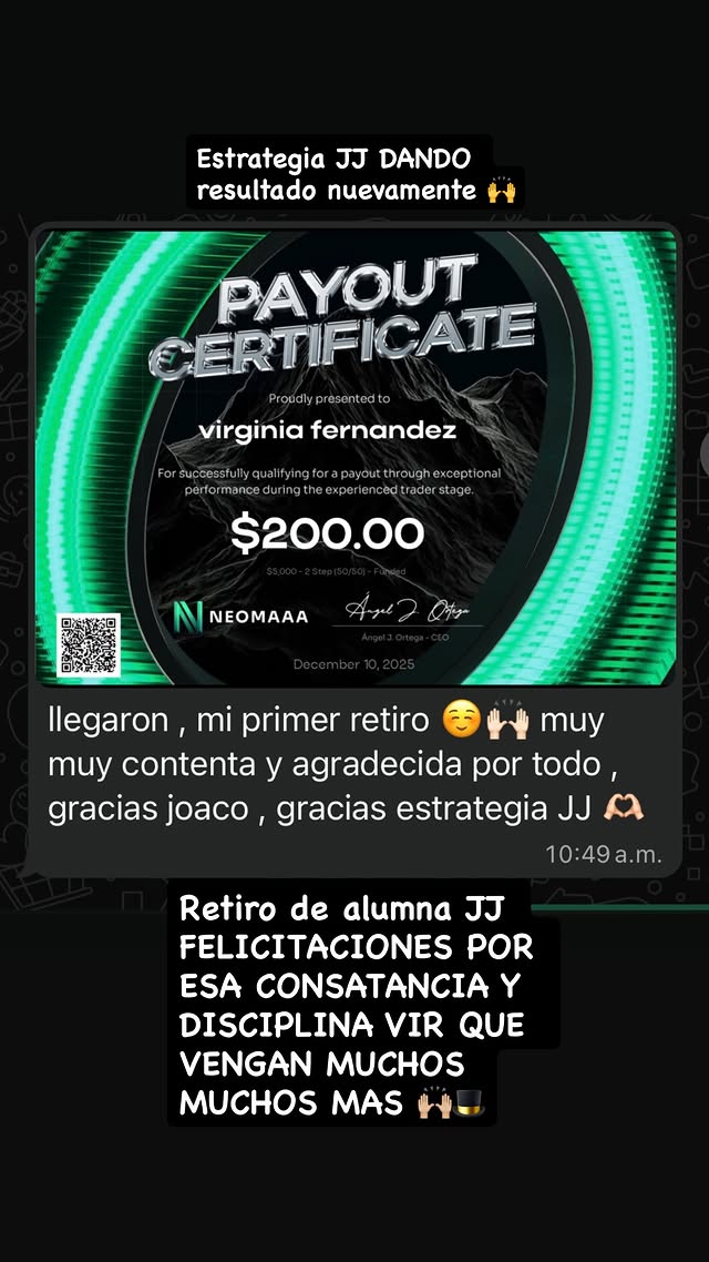 Virginia Fernández, alumna de la estrategia JJ, con su primer retiro de una prop firm